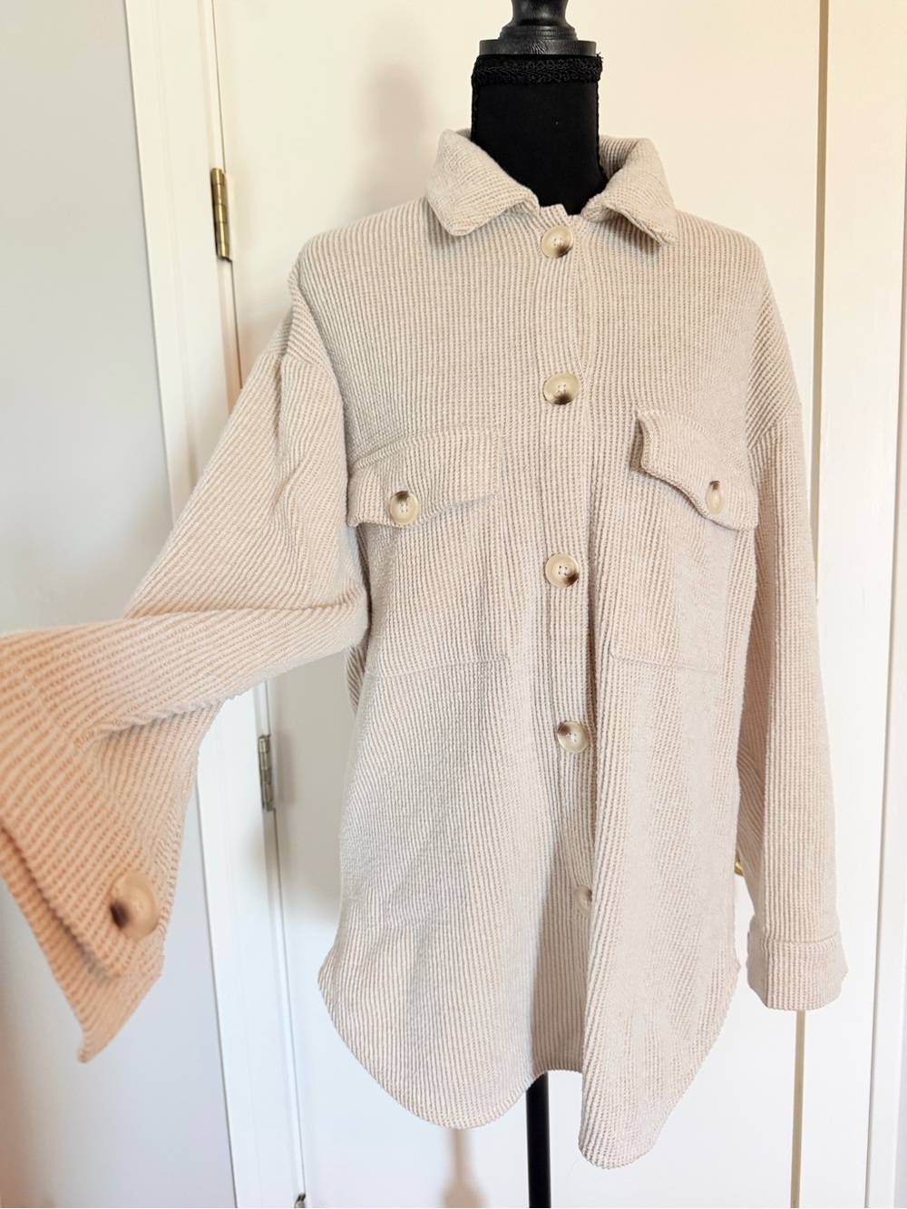 Beige Button-Front Ribbed Knit Sweater Jacket - Picture 2 of 4